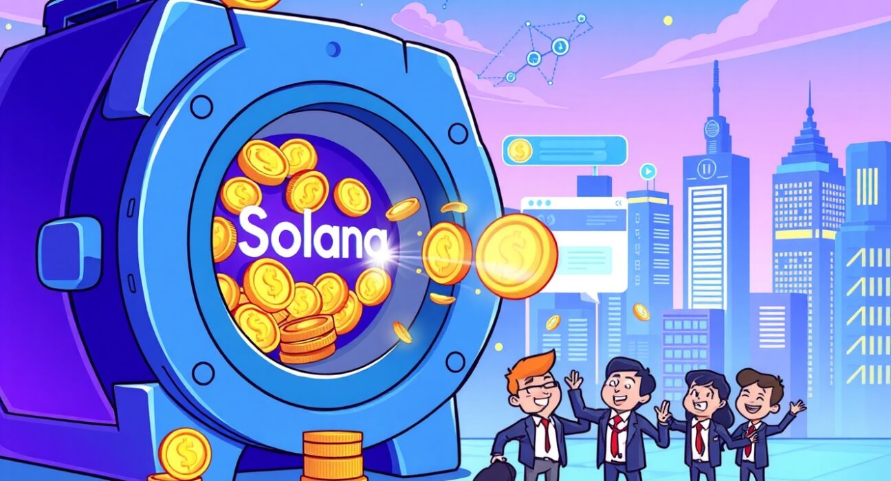 Forward Industries deposits SOL in a vibrant cartoon showing digital wealth transfer to Coinbase Prime