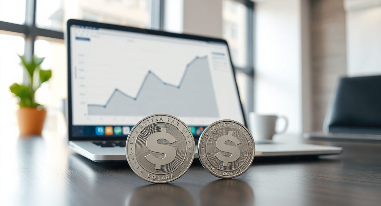 Forward Industries corporate office with Solana token and laptop showing investment chart