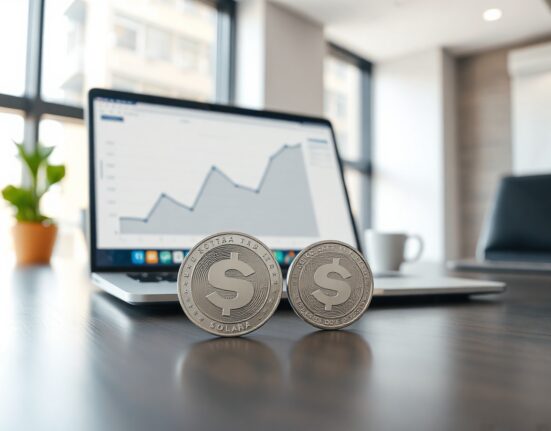 Forward Industries corporate office with Solana token and laptop showing investment chart