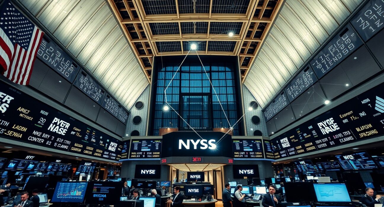 New York Stock Exchange trading floor with Solana blockchain overlay