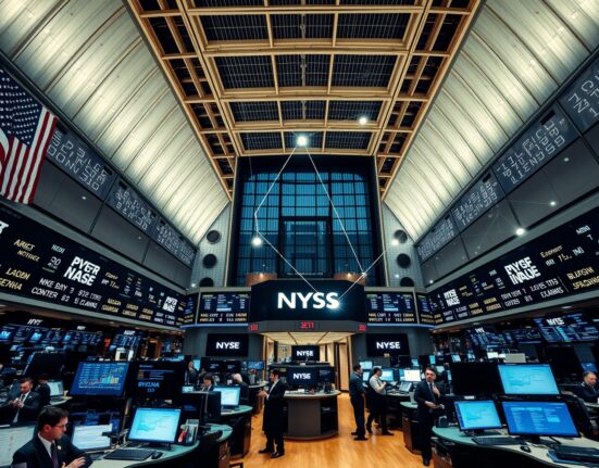 New York Stock Exchange trading floor with Solana blockchain overlay