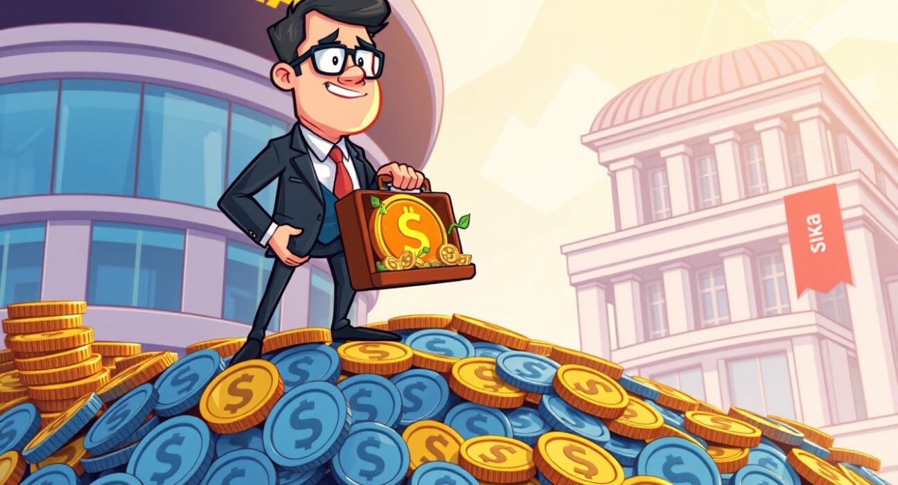 Cartoon showing a corporate executive confidently overseeing a large Forward Industries SOL acquisition, symbolizing significant institutional crypto investment.
