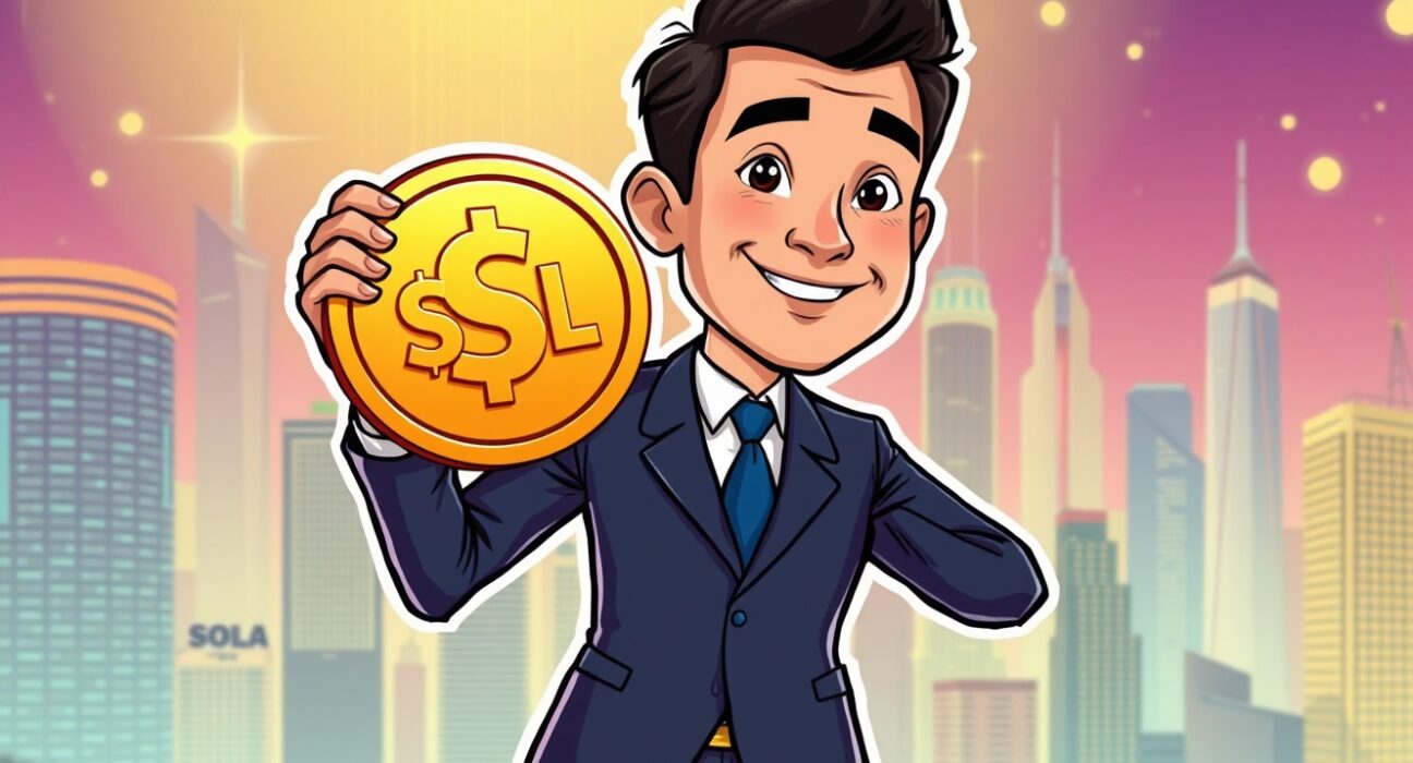 A confident executive celebrating a significant Forward Industries SOL purchase, symbolizing institutional entry into the crypto market.