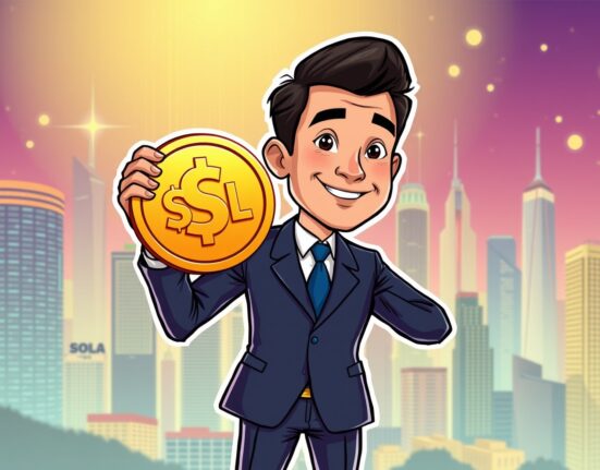 A confident executive celebrating a significant Forward Industries SOL purchase, symbolizing institutional entry into the crypto market.