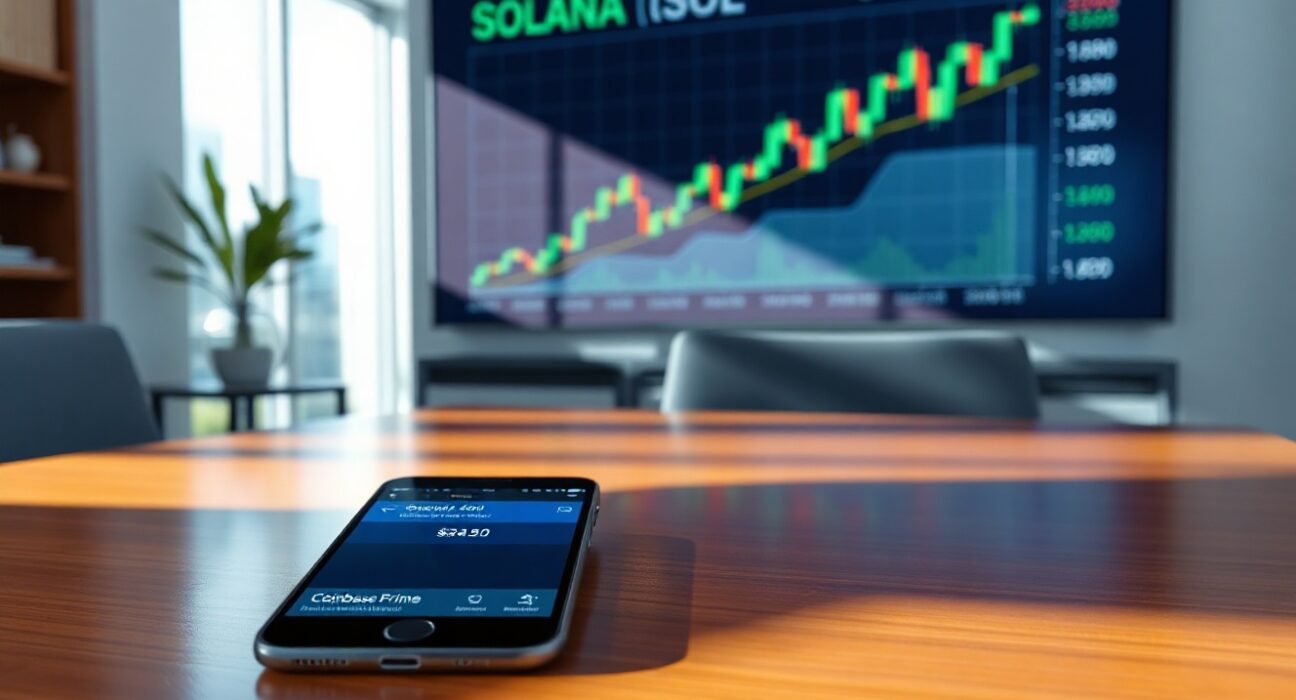 Financial office with digital screen showing Solana price chart and smartphone with Coinbase Prime app