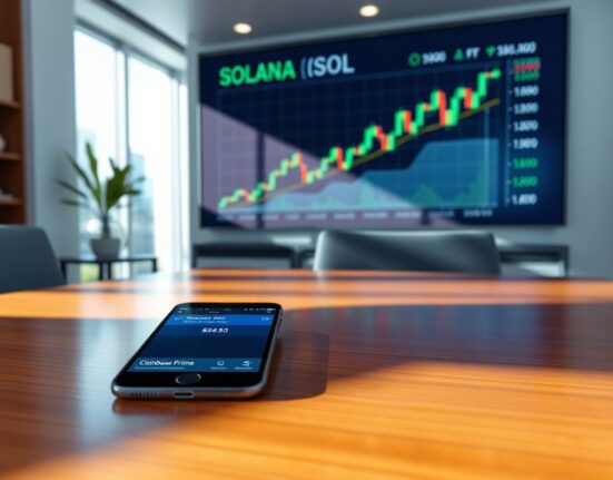 Financial office with digital screen showing Solana price chart and smartphone with Coinbase Prime app