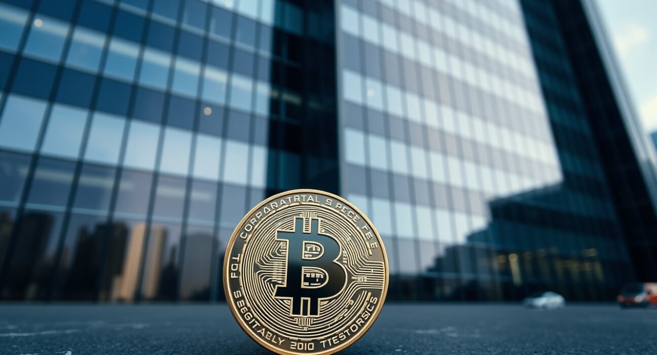Solana token on stone foreground with modern corporate building in background representing institutional crypto holdings.