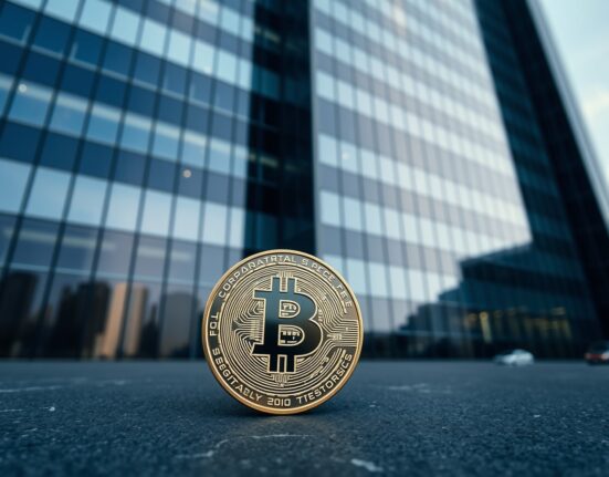 Solana token on stone foreground with modern corporate building in background representing institutional crypto holdings.