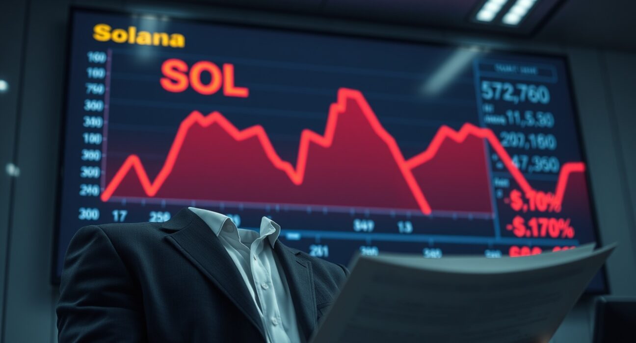 Businessperson reviewing financial documents in front of a monitor showing a declining Solana price chart.