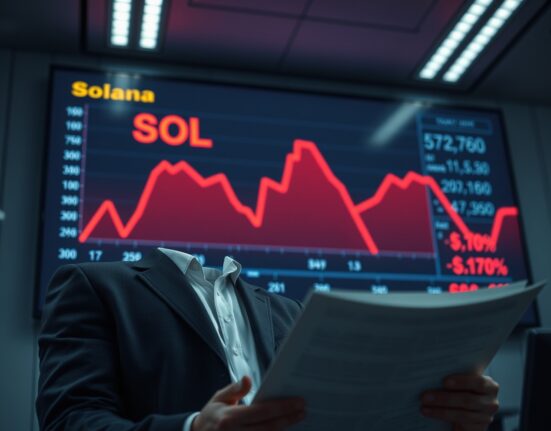 Businessperson reviewing financial documents in front of a monitor showing a declining Solana price chart.