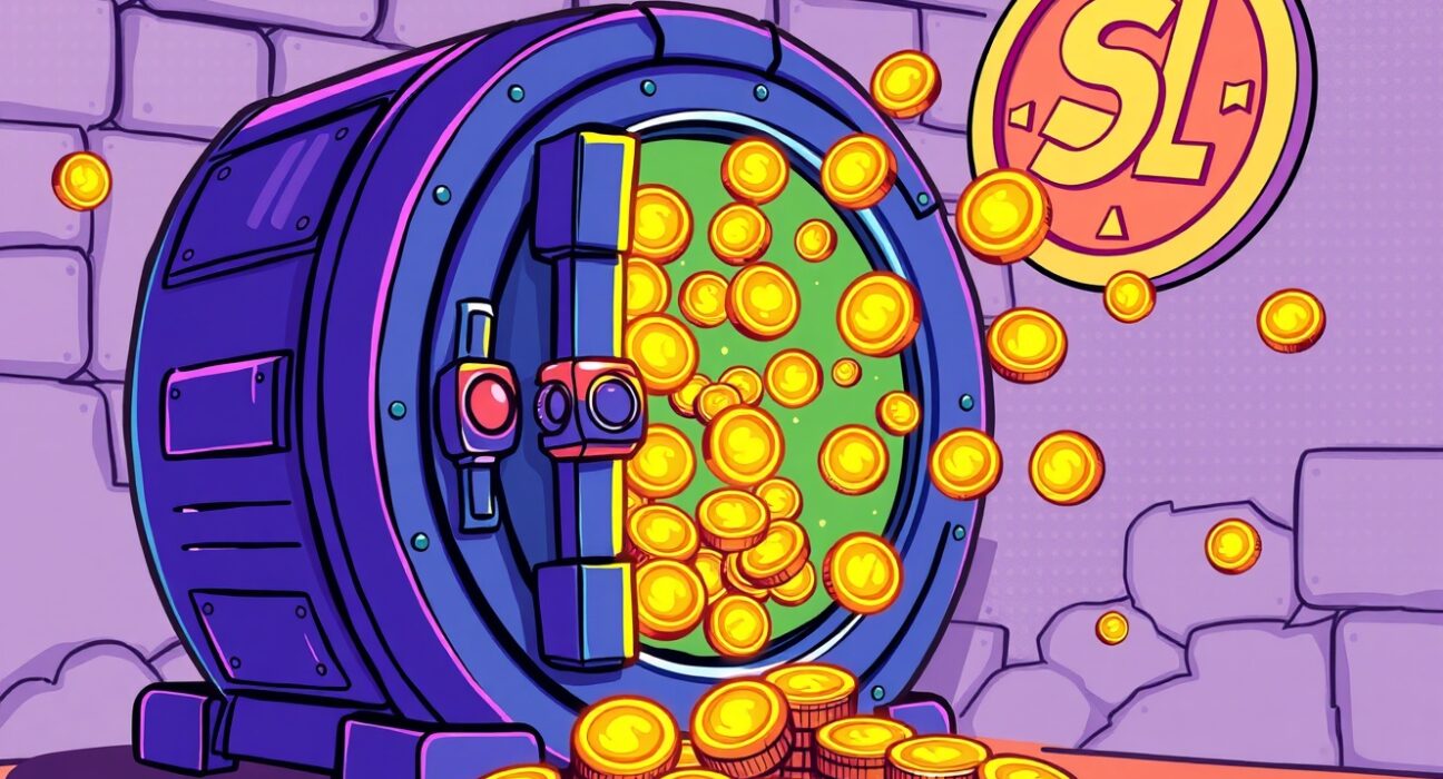 Illustration of a company vault tokenizing its assets into digital tokens, representing Forward Industries' move to tokenize its shares.