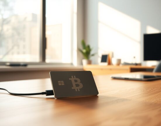 Bitcoin hardware wallet on a desk in a modern office, representing Foundation's self-custody and digital identity expansion.