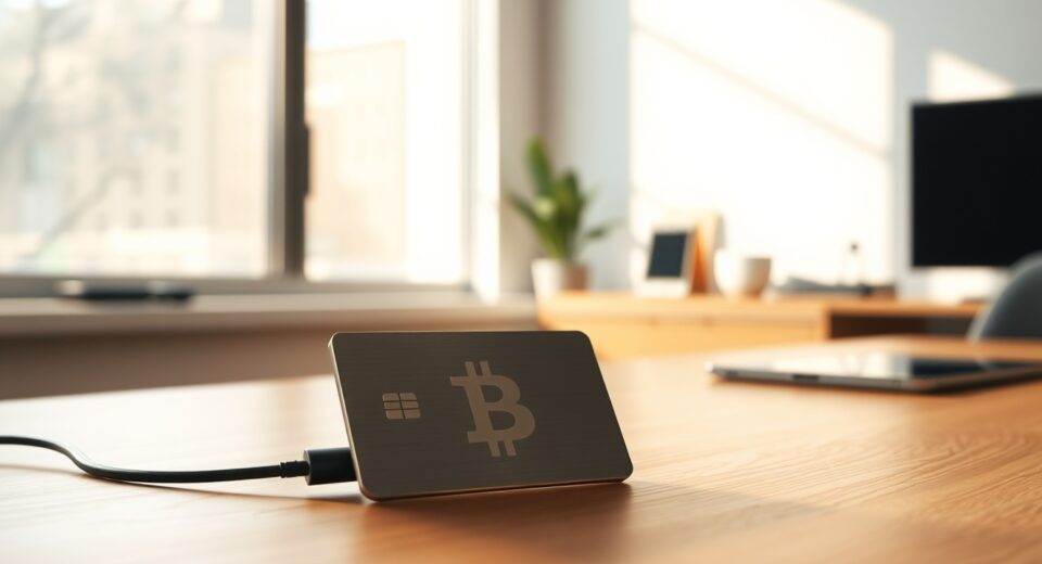 Bitcoin hardware wallet on a desk in a modern office, representing Foundation's self-custody and digital identity expansion.