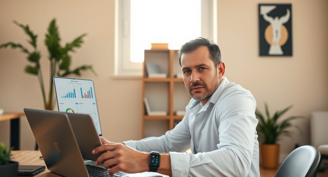Founder using AI and data tracking to manage cancer treatment at home desk