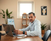 Founder using AI and data tracking to manage cancer treatment at home desk