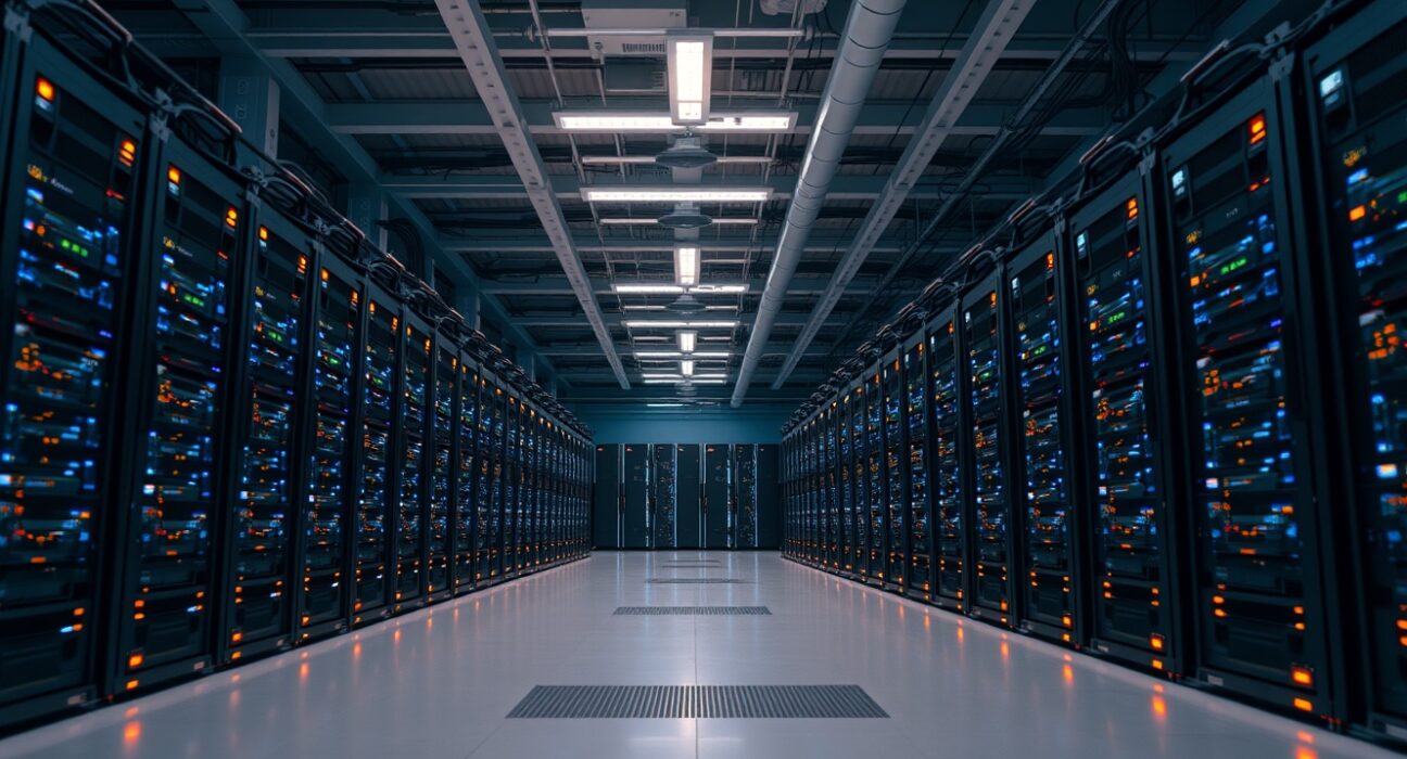 Interior of a large Bitcoin mining facility with rows of hardware and cool blue lighting