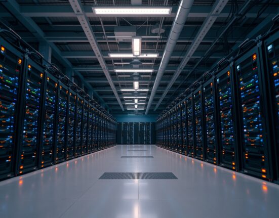 Interior of a large Bitcoin mining facility with rows of hardware and cool blue lighting
