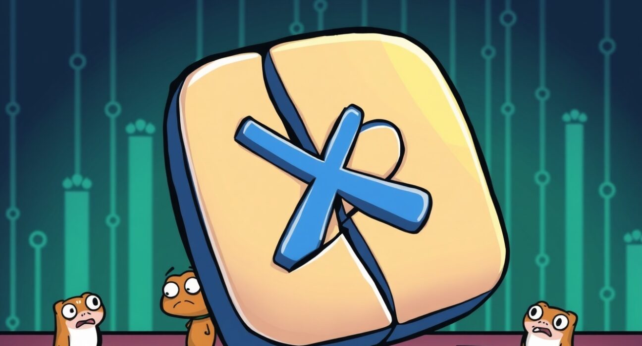 A cartoon illustration showing the disruption caused by the Four.Meme X suspension, affecting a memecoin launchpad.