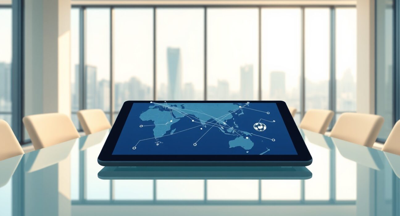 Four Pillars Series A funding announcement showing a blockchain network connecting Asia and global markets on a digital tablet in a Seoul office.