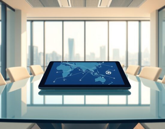 Four Pillars Series A funding announcement showing a blockchain network connecting Asia and global markets on a digital tablet in a Seoul office.