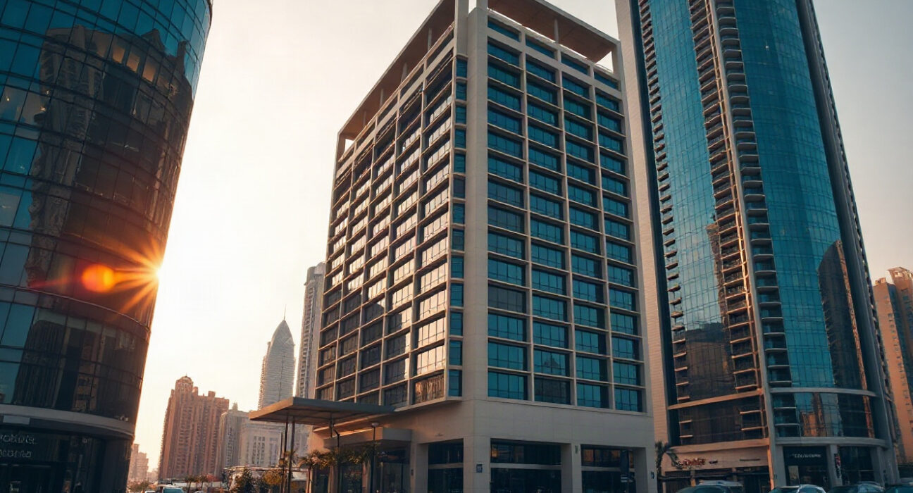 Dubai financial district skyline with modern office buildings, representing FP Trading's new onshore presence in the UAE.