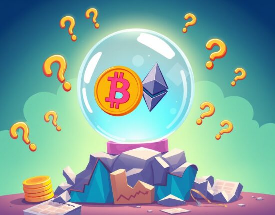 Delicate crypto rebound shown as crystal ball with Bitcoin symbols on shaky economic foundation