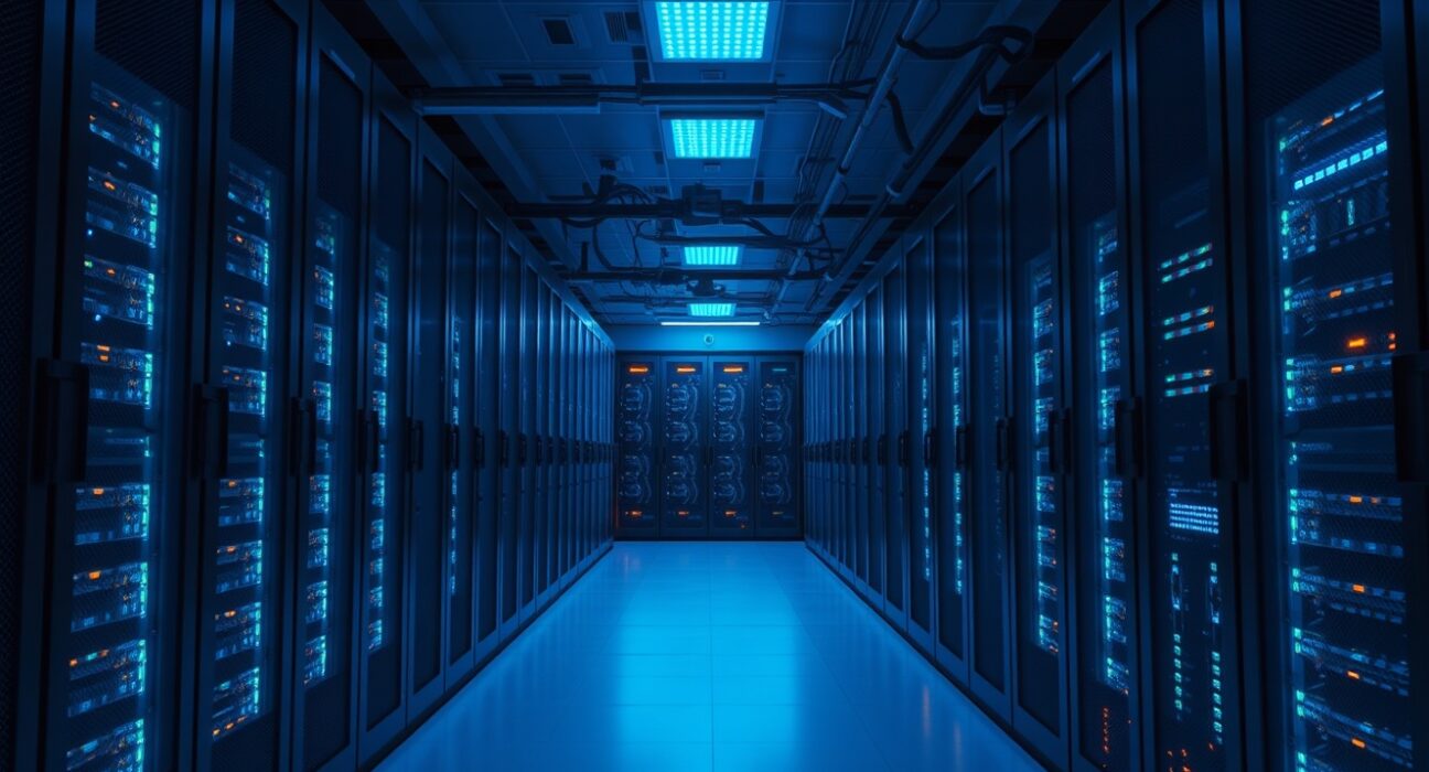 Modern data center server racks with blue and orange LED lights representing blockchain protocol operations.