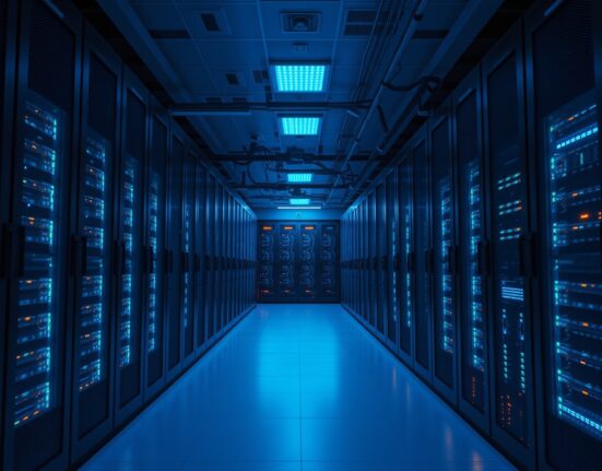 Modern data center server racks with blue and orange LED lights representing blockchain protocol operations.