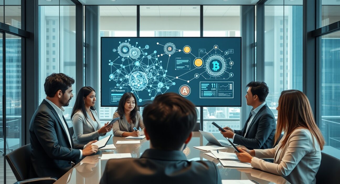 Professional team in venture capital office discussing blockchain and AI investments