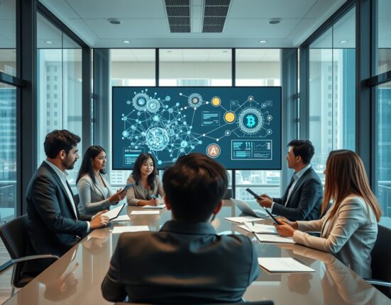 Professional team in venture capital office discussing blockchain and AI investments