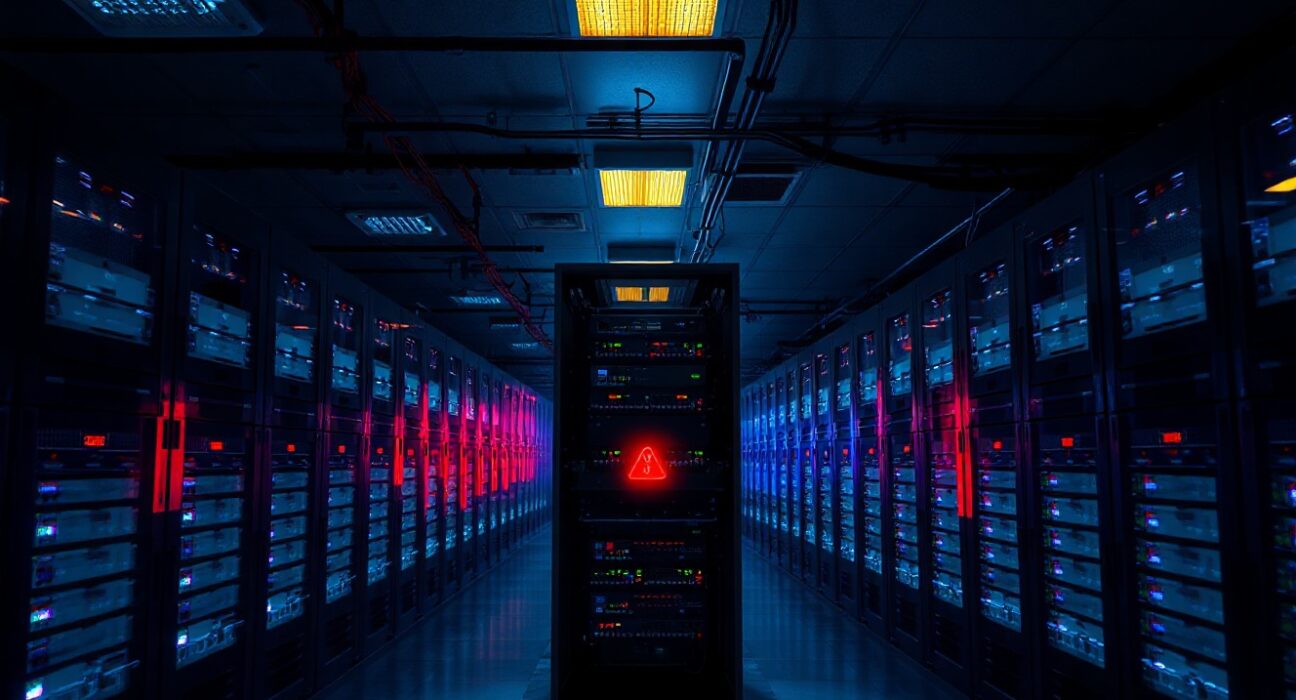 Server room with red warning light indicating a security breach