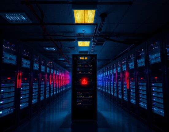 Server room with red warning light indicating a security breach