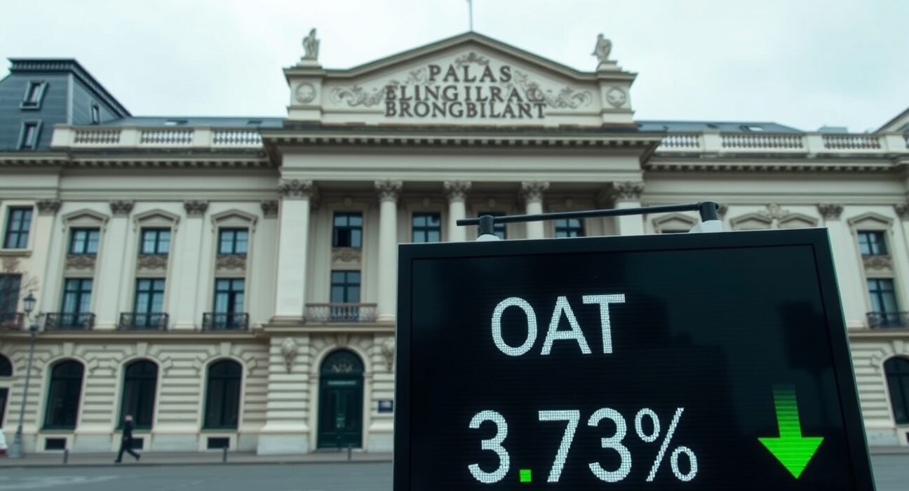 Palais Brongniart in Paris with a digital display showing the 10-year bond yield at 3.73%.