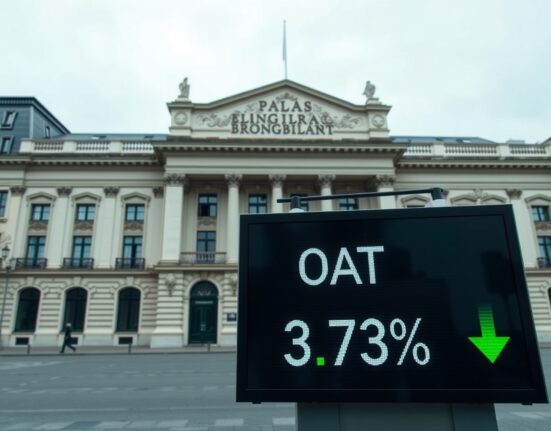 Palais Brongniart in Paris with a digital display showing the 10-year bond yield at 3.73%.