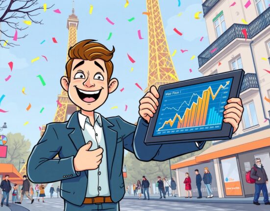 French retail investor celebrating access to regulated crypto ETNs with blockchain-themed Eiffel Tower background
