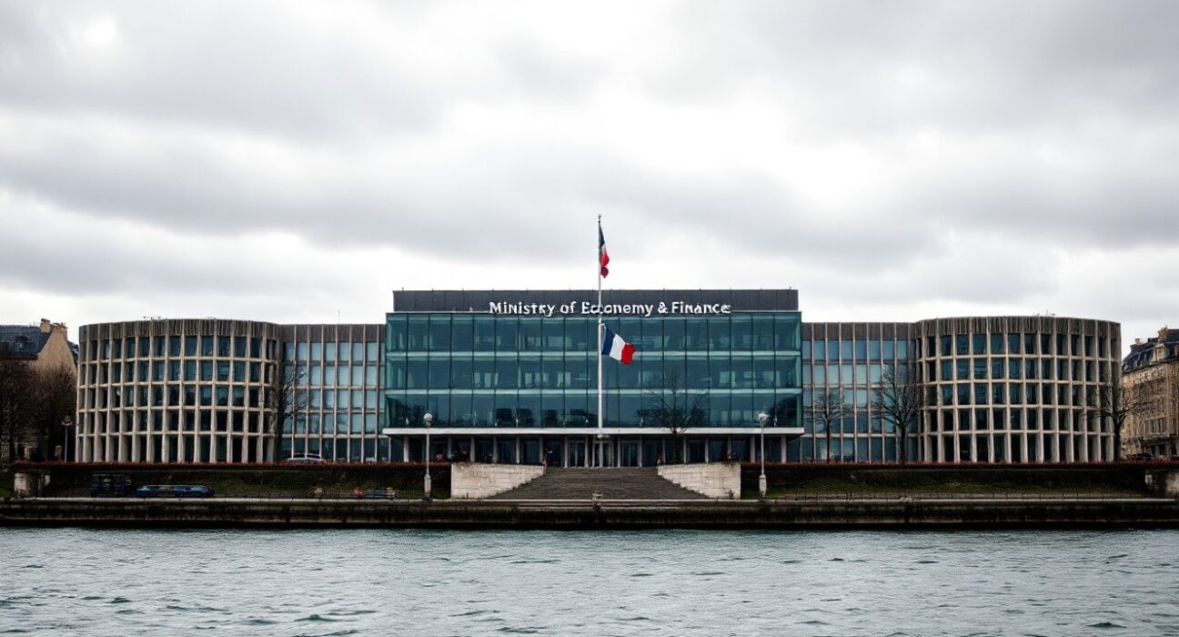 Exterior of the French Ministry of Economy and Finance building in Paris on a cloudy day.
