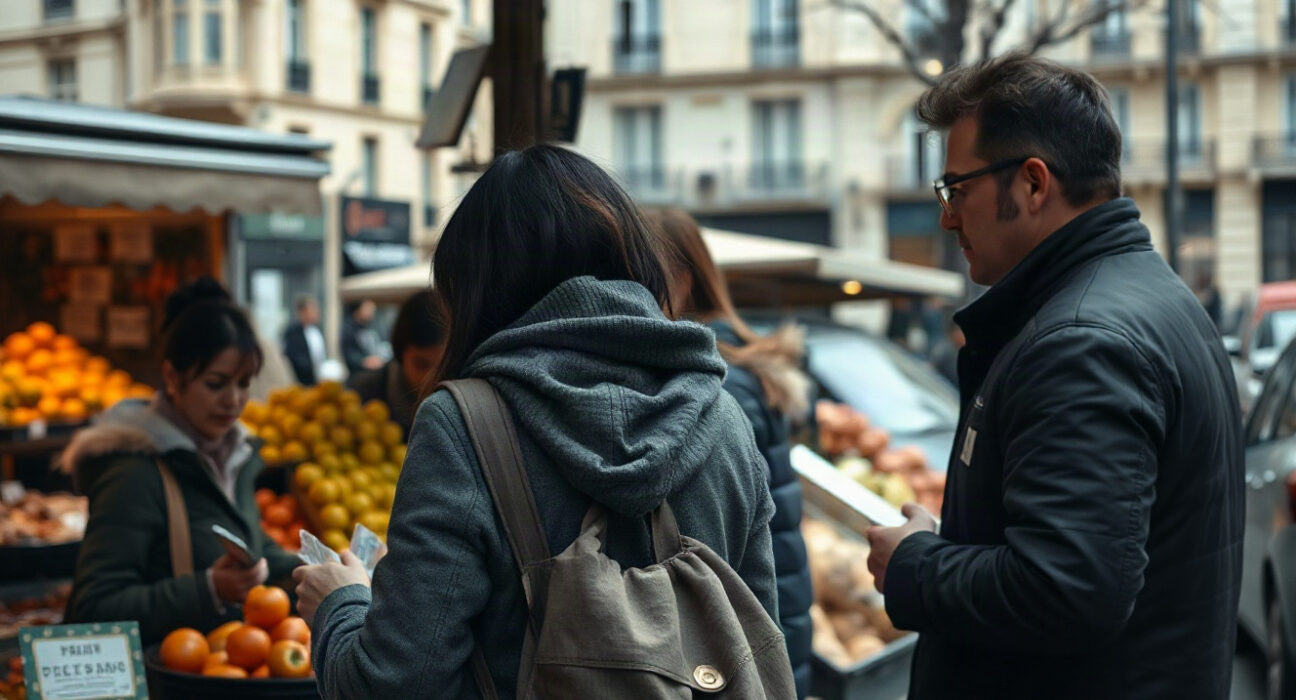Shoppers at a Paris market reflect cautious consumer sentiment as France's confidence index falls to 86 in August.