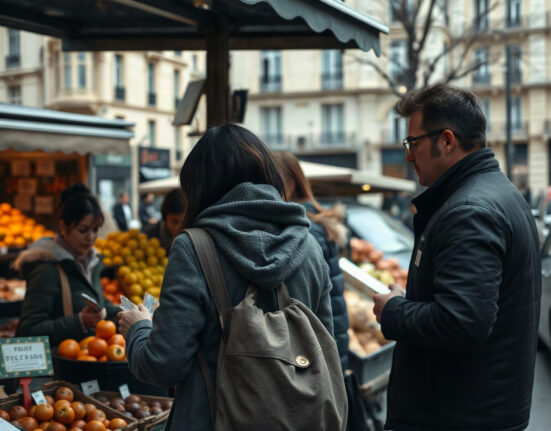 Shoppers at a Paris market reflect cautious consumer sentiment as France's confidence index falls to 86 in August.