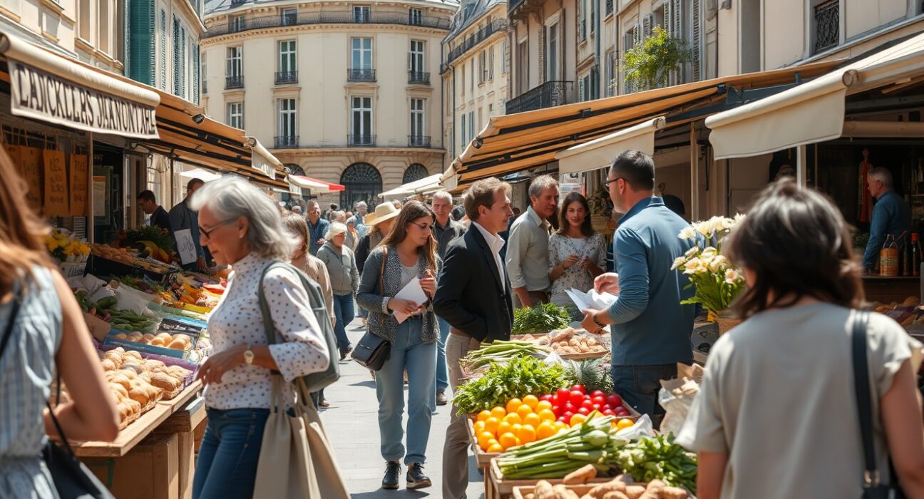 Shoppers at an outdoor market in a French city on a sunny June day, reflecting consumer sentiment.