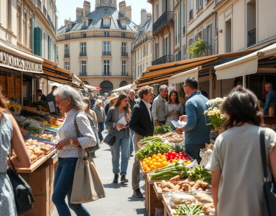 Shoppers at an outdoor market in a French city on a sunny June day, reflecting consumer sentiment.