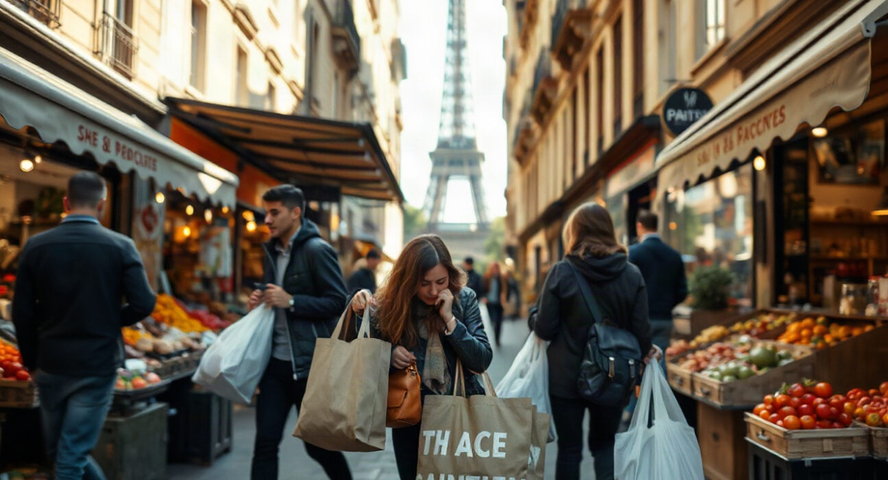 Shoppers in a Parisian market street with bags, symbolizing consumer spending growth in France.