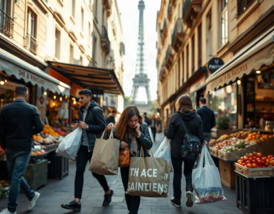 Shoppers in a Parisian market street with bags, symbolizing consumer spending growth in France.