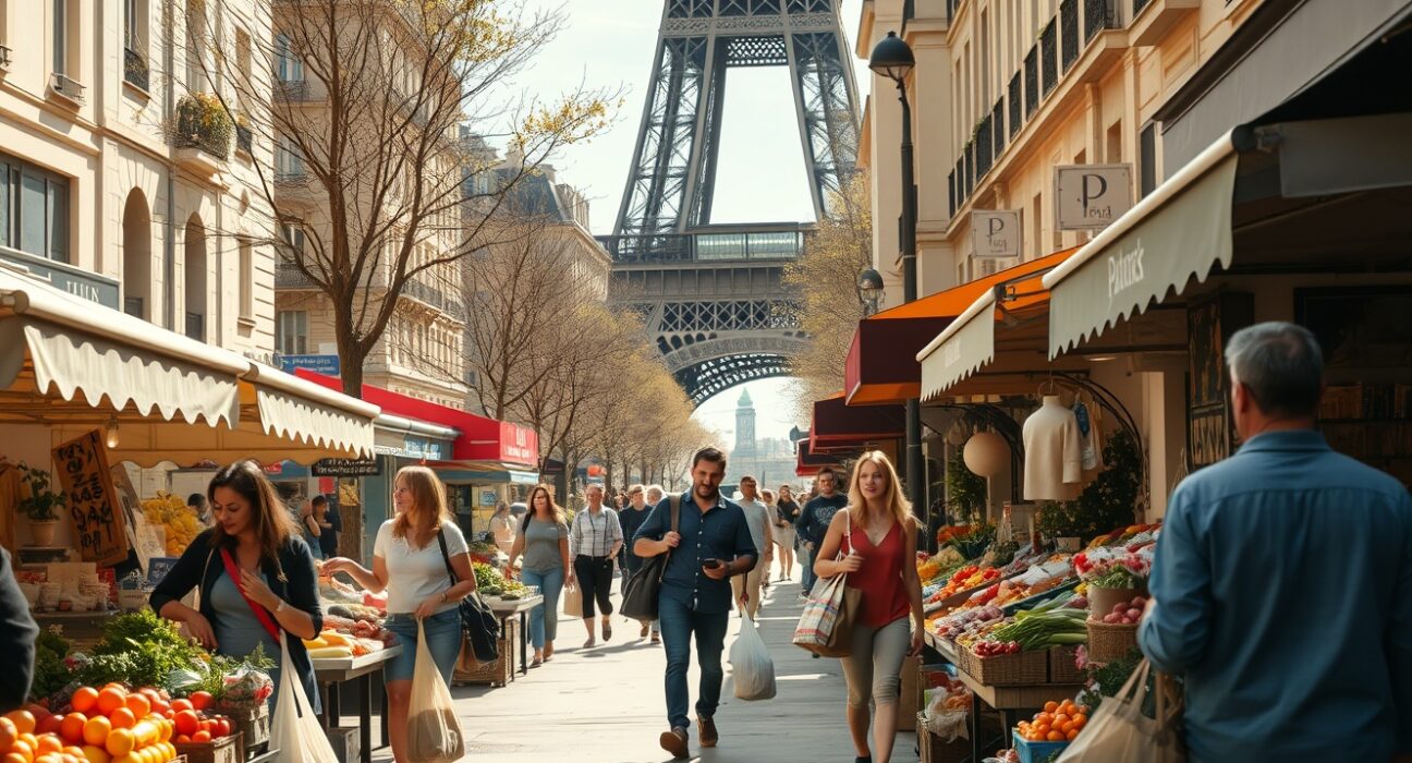 Shoppers at a busy outdoor market in Paris on a sunny day, representing increased consumer spending in France.