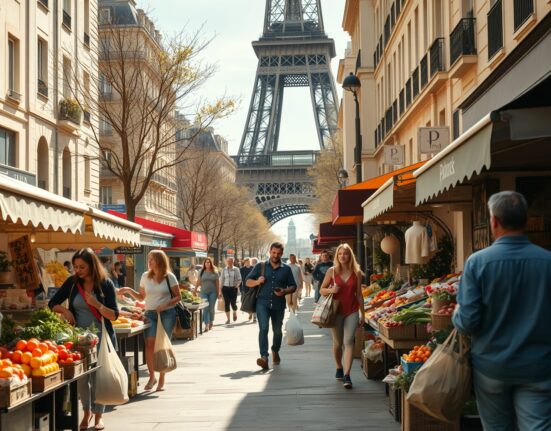 Shoppers at a busy outdoor market in Paris on a sunny day, representing increased consumer spending in France.
