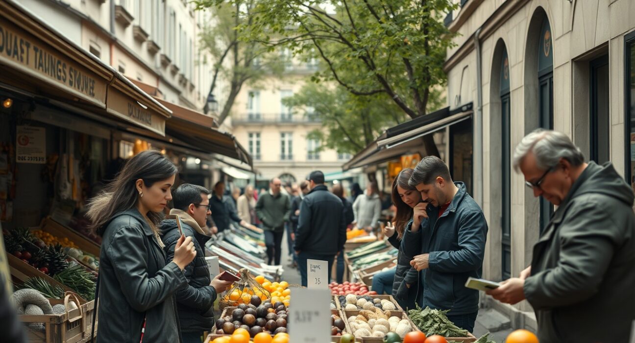 Outdoor market in France with price tags, representing consumer inflation data