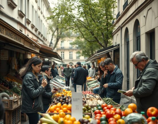 Outdoor market in France with price tags, representing consumer inflation data