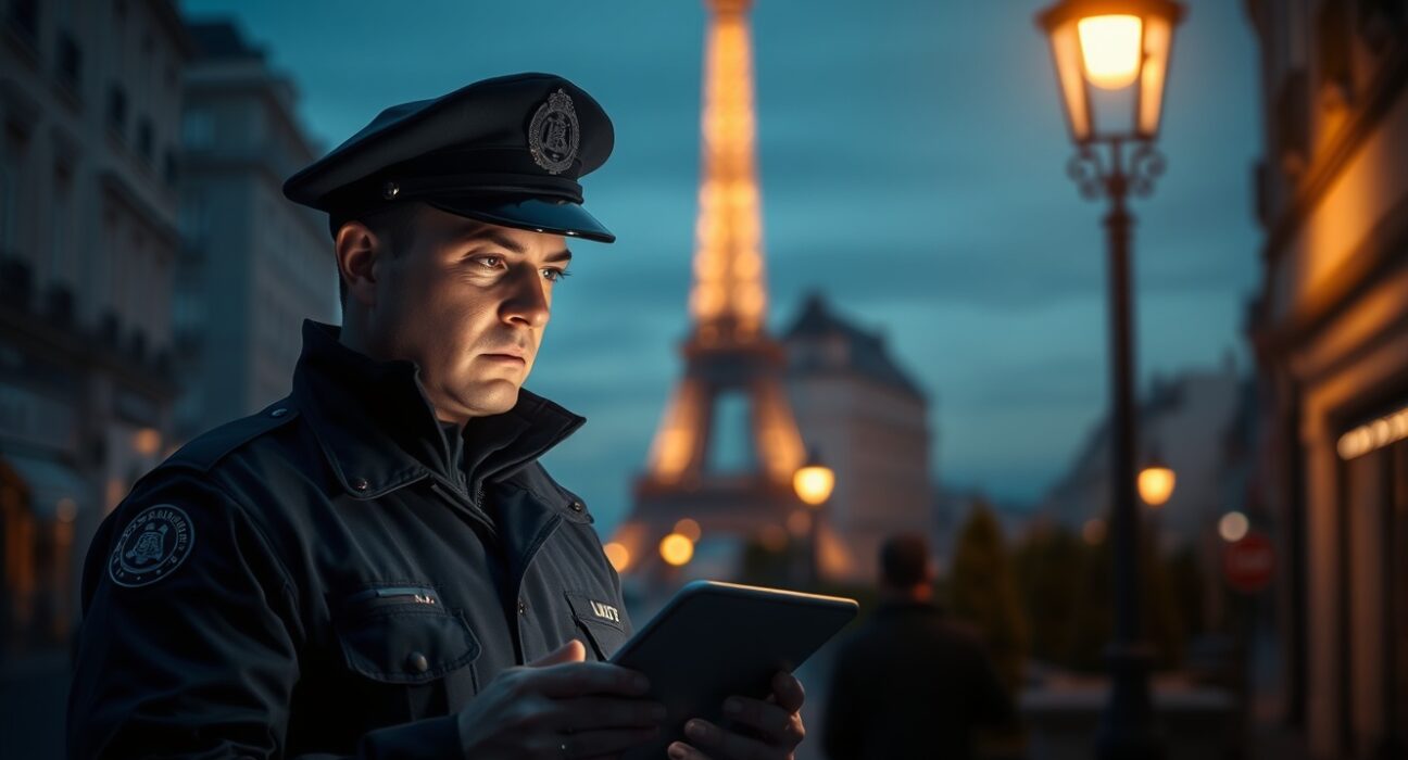 French police officer investigating cryptocurrency crime and blockchain security in Paris.