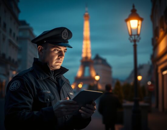 French police officer investigating cryptocurrency crime and blockchain security in Paris.