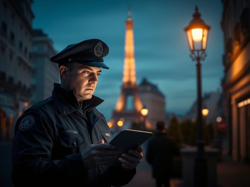 French police officer investigating cryptocurrency crime and blockchain security in Paris.