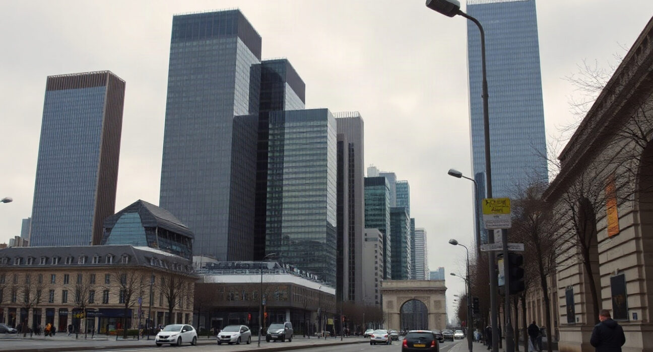 Paris La Défense business district under overcast sky, symbolizing economic stagnation